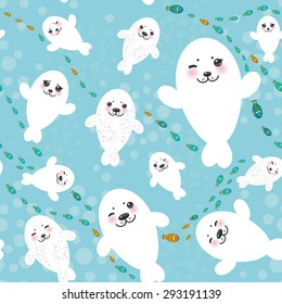 Seamless pattern Funny albino white fur seal pups, cute winking seals with pink cheeks and big eyes. Kawaii animals on blue background. Vector