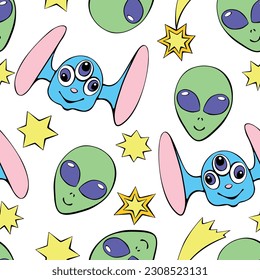 Seamless pattern with funny Aliens heads, stars in doodle flat style. Humanoids, visitors, Martians. Vector cute background, texture on theme of space, UFO, fantastic, kids design