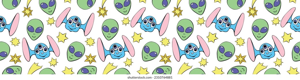 Seamless pattern with funny Aliens heads, stars in doodle flat style. Humanoids, visitors, Martians. Vector cute background, texture on theme of space, UFO, fantastic, kids design