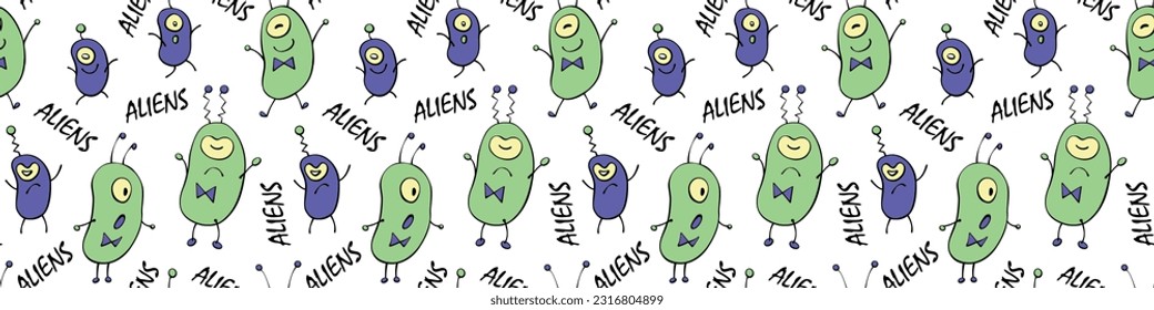 Seamless pattern with funny Aliens, inscriptions in doodle flat style. Humanoids, Martians, insects. Vector cute background, texture on theme of space, UFO, fantastic, kids design