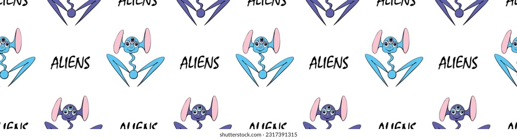 Seamless pattern with funny Aliens, inscriptions in doodle flat style. Humanoids, visitors, Martians. Vector cute background, texture on theme of space, UFO, fantastic, kids design
