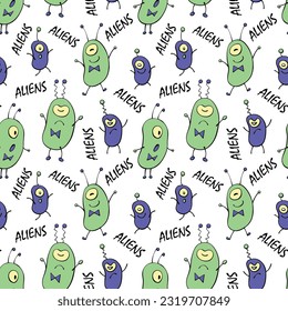Seamless pattern with funny Aliens, inscriptions in doodle flat style. Humanoids, Martians, insects. Vector cute background, texture on theme of space, UFO, fantastic, kids design