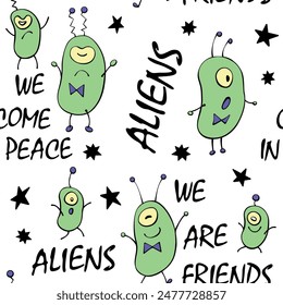 Seamless pattern with funny Aliens, inscriptions in doodle flat style. Humanoids, Martians, insects. Vector cute background, texture on theme of space, UFO, fantastic, kids design