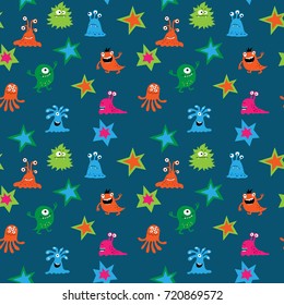 Seamless pattern with a funny aliens and stars