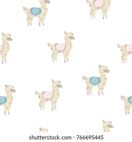 Seamless pattern with funny alpacas. Cute hand drawn design. great for swatches, prints for t-shirts, blankets, pillows, wrapping, etc. Vector Illustration
