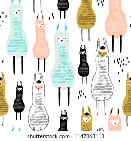 Seamless pattern with funny alpaka. Creative hand drawn llama childish texture. Great for fabric, textile Vector Illustration