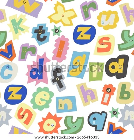 seamless pattern with funny alphabet with emoji faces in doodle style. Element for background, wallpaper, banner, backdrop, decoration, wrapping, packaging, prints, textile