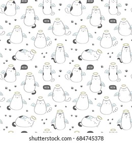 Seamless pattern with funny angel cats. Vector illustration