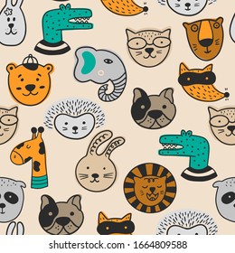 Seamless pattern with funny animal faces. Scandinavian vector illustration.  Can be used for wallpaper, wrapping, textile, fabric. 