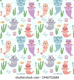 seamless pattern of funny animal with mermaid tail under sea, cartoon character flat vector illustration