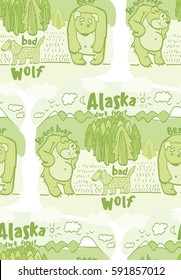 seamless pattern with funny animals of Alaska, funny wolf, funny bear, forest, mountains, sky, sun, moon, pine cone, nature, national park, nature reserve