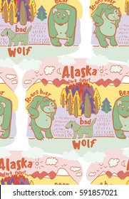 seamless pattern with funny animals of Alaska, funny wolf, funny bear, forest, mountains, sky, sun, moon, pine cone, nature, national park, nature reserve