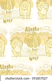 seamless pattern with funny animals of Alaska, funny wolf, funny bear, forest, mountains, sky, sun, moon, pine cone, nature, national park, nature reserve