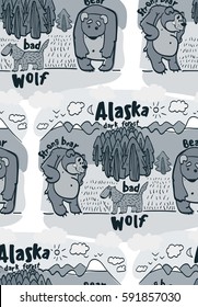 seamless pattern with funny animals of Alaska, funny wolf, funny bear, forest, mountains, sky, sun, moon, pine cone, nature, national park, nature reserve