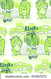 seamless pattern with funny animals of Alaska, funny wolf, funny bear, forest, mountains, sky, sun, moon, pine cone, nature, national park, nature reserve