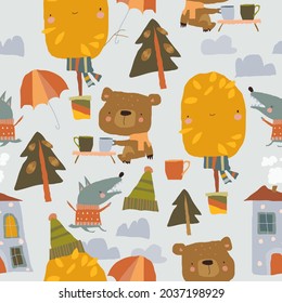 Seamless Pattern with Funny Animals and Autumn Elements