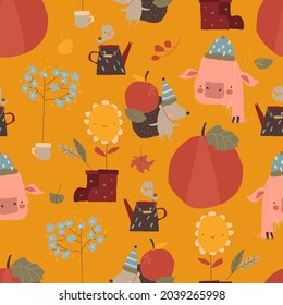 Seamless Pattern with Funny Animals and Autumn Elements