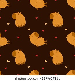 Patrón sin foco. Curiosas capibaras animales sobre fondo negro. Ilustración vectorial para el diseño, papel de pared, embalaje, textil. colección de niños .