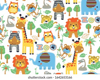 seamless pattern of funny animals cartoon, forest elements illustration