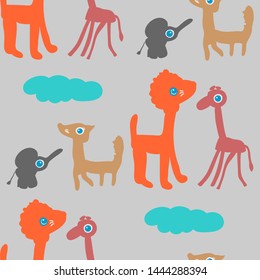 Seamless pattern with funny animals. Cute cartoon style characters on green meadow. Lion, fox, ostrich and elephant. Design elements.