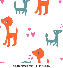 Seamless pattern with funny animals. Cute cartoon style characters and pink hearts. Fox and lion. Design elements.