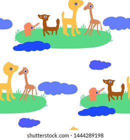 Seamless pattern with funny animals. Cute cartoon style characters on green meadow. Lion, fox, ostrich and elephant. Design elements.