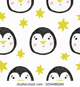 Seamless pattern with funny animals face and hand drawn elements. Cartoon style. Great for fabric, textile Vector Illustration