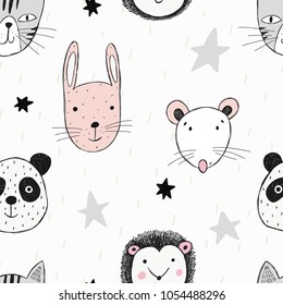 Seamless pattern with funny animals face and hand drawn elements. Cartoon style. Great for fabric, textile Vector Illustration