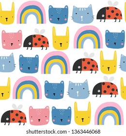 Seamless pattern with funny animals faces and rainbow. Kids cute print. Vector hand drawn illustration.