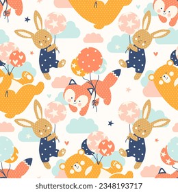 Seamless pattern with funny animals flying on balloons. Cute baby friends. Cheerful hand drawn tile printable background, wrapping paper, fabric, kids bedroom decoration.