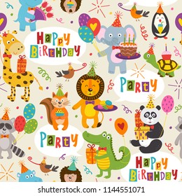 seamless pattern with funny animals Happy Birthday - vector illustration, eps