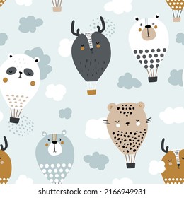 Seamless pattern with funny animals hot air balloons. Creative childish background. Perfect for kids apparel,fabric, textile, nursery decoration,wrapping paper.Vector Illustration