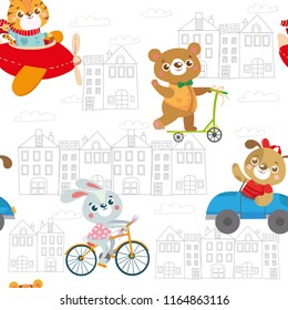 Seamless pattern with funny animals. Kids transport.Dog, tiger, rabbit, bear. Vector illustration on white background
