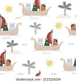 Seamless pattern with funny animals. Kids marine print. Vector hand drawn illustration.