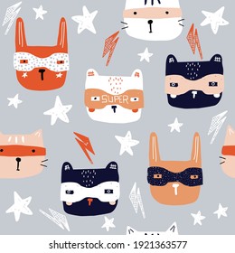 Seamless pattern with funny animals in masks. Childish trendy print. Vector hand drawn illustration.