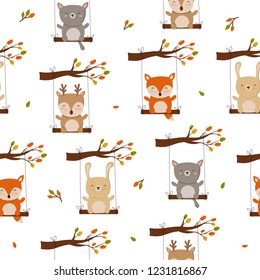 Seamless pattern with funny animals on a swing. Doodle illustration. Thanksgiving day, autumn holiday, baby shower, birthday, children's party

