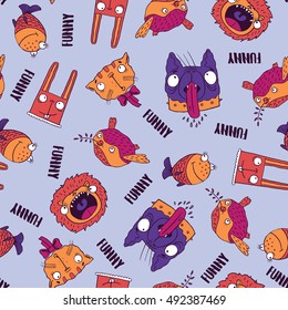 Seamless pattern with funny animals such as dog, cat, rabbit, bird, fish, lion. Blue background. Handmade cartoon style. Vector illustration