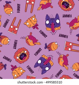 Seamless pattern with funny animals such as dog, cat, rabbit, bird, fish, lion. Pink background. Handmade cartoon style. Vector illustration