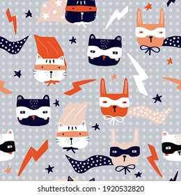 Seamless pattern with funny animals superheroes. Kids trendy print. Vector hand drawn illustration.