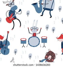Seamless pattern with funny animals-musicians. Creative scandinavian texture for fabric, wrapping, textile, wallpaper, apparel. Vector illustration in red, blue and gray colours.