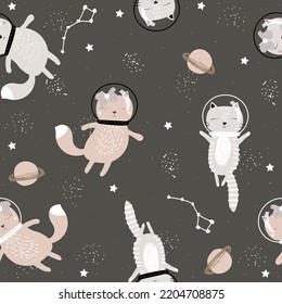 Seamless pattern with funny astronaut cats flying in outer space. Cute childish print. Vector hand drawn illustration.