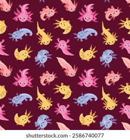 Seamless pattern with funny axolotls. Endless textures for your design
