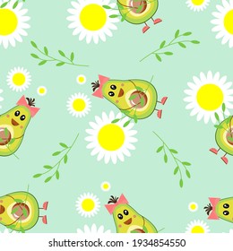 
Seamless pattern of funny baby avocados. Exotic fruits in cartoon style with chamomile and daisies. Green background. For textiles, children's patterns, clothes, linen, covers, packaging. Vector
