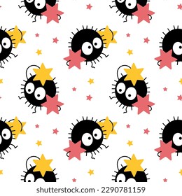 Seamless pattern, funny baby monsters with stars. Children's print, textile, wallpaper, vector	
