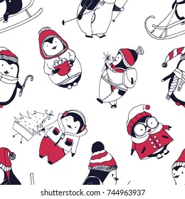 Seamless pattern with funny baby penguins dressed in winter outerwear on white background. Backdrop with cute cartoon antarctic birds. Vector illustration for wallpaper, textile print, wrapping paper.