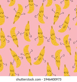 Seamless pattern of funny bananas drawn in the form of doodle. Vector illustration on pink background 