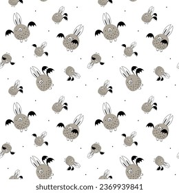 Seamless pattern funny bats and dots. Vector textile illustration.