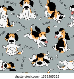 Seamless Pattern With Funny Beagle Active Dog Vector Illustration In Cartoon Sketch Style. Cute Little Puppy Pet Animal Character For Textile Prints And Wrapping.