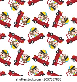 Seamless pattern of funny bear driving car in the road. Creative vector childish background for fabric, textile, nursery wallpaper, poster, card, brochure. and other decoration.