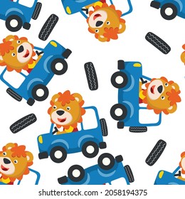 Seamless pattern of funny bear driving car in the road. Creative vector childish background for fabric, textile, nursery wallpaper, poster, card, brochure. and other decoration.